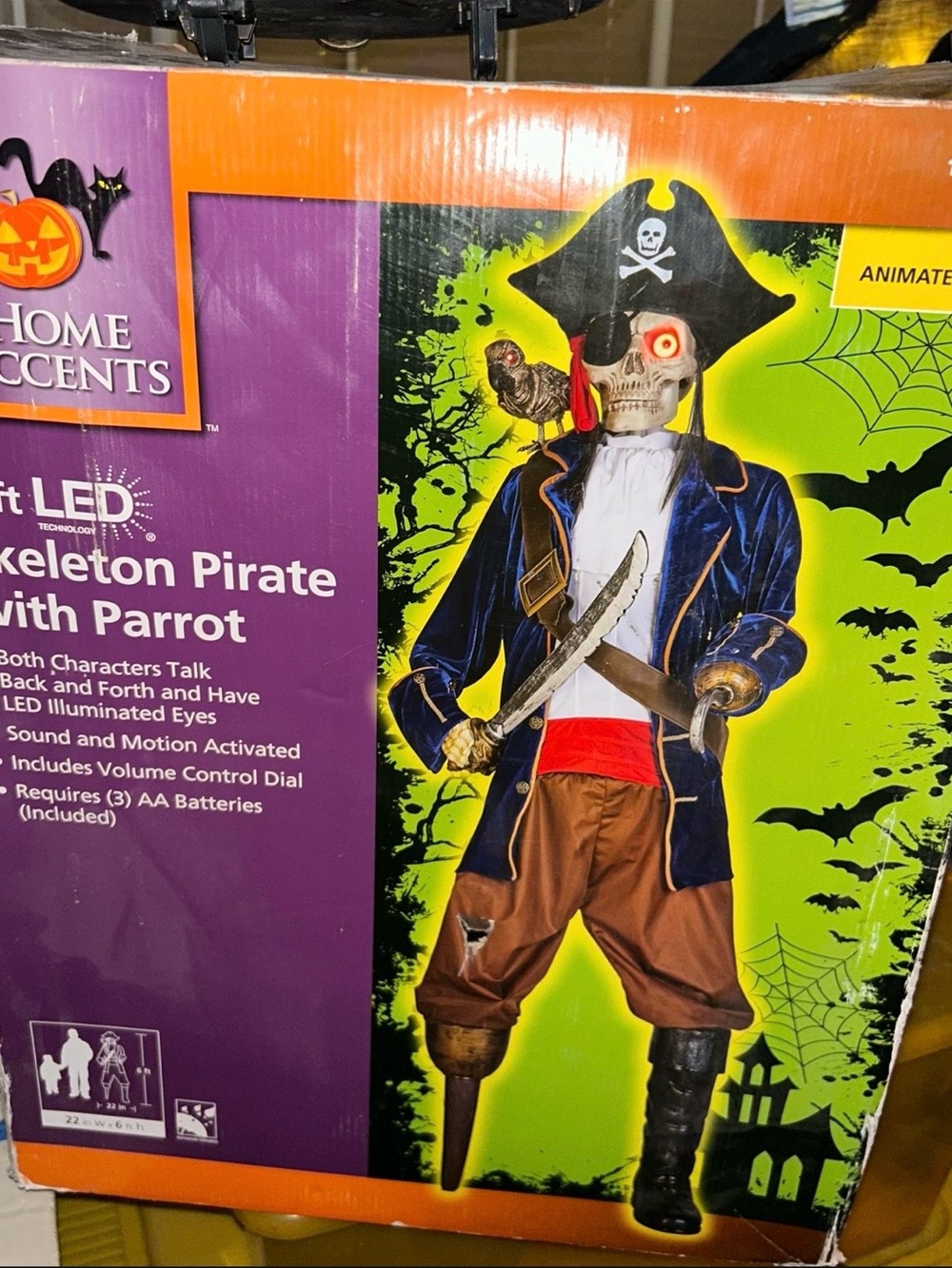 Skeleton Talking Pirate with Parrot - Blue Jacket, Brown Pants